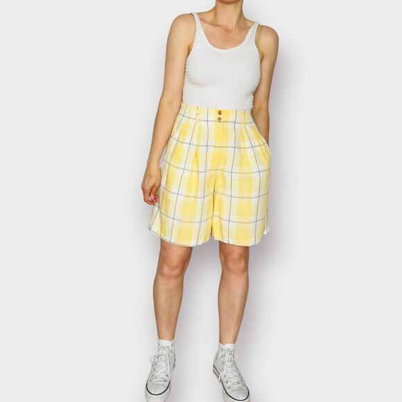 90s The Limited Yellow Navy Window Pane Plaid Shorts - Picture 2 of 7
